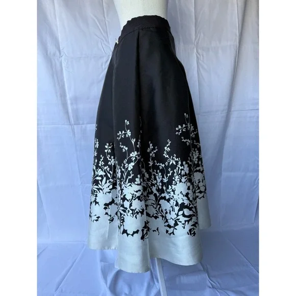 White House Black Market Midi Skirt Black White Size 14 Floral A-Line Romantic - Picture 4 of 12